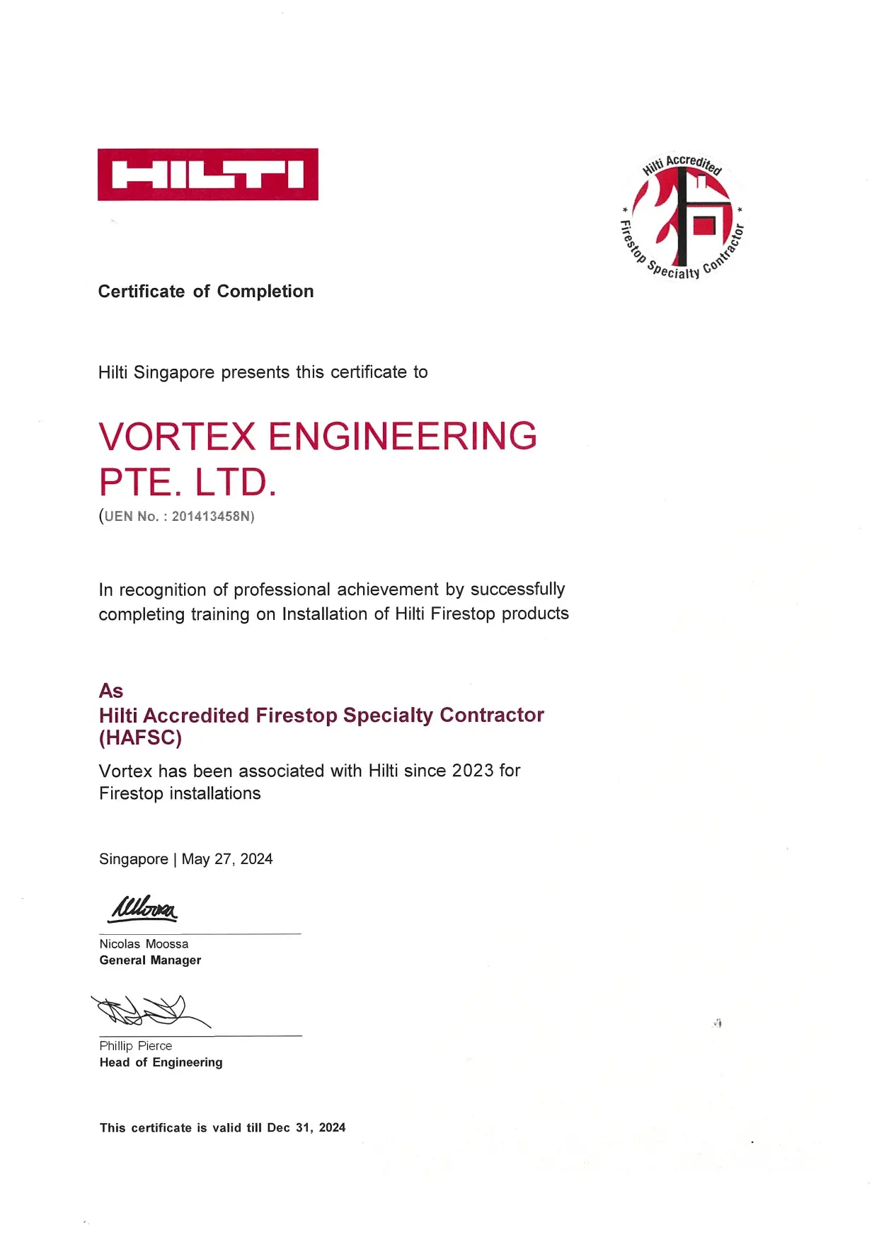 Hilti Accredited Firestop Specialty Contractor Certificate